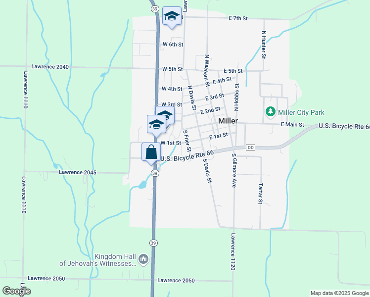 map of restaurants, bars, coffee shops, grocery stores, and more near 109 West 1st Street in Miller