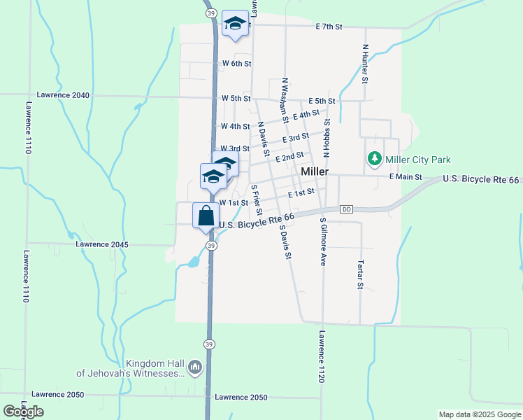 map of restaurants, bars, coffee shops, grocery stores, and more near 109 West 1st Street in Miller