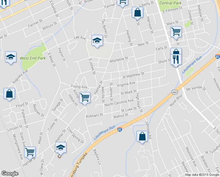 map of restaurants, bars, coffee shops, grocery stores, and more near 606 Virginia Avenue in Petersburg