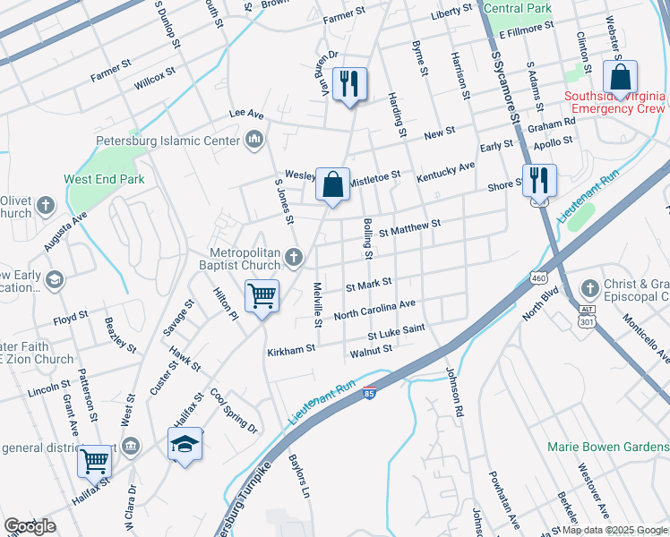 map of restaurants, bars, coffee shops, grocery stores, and more near 610 Virginia Avenue in Petersburg