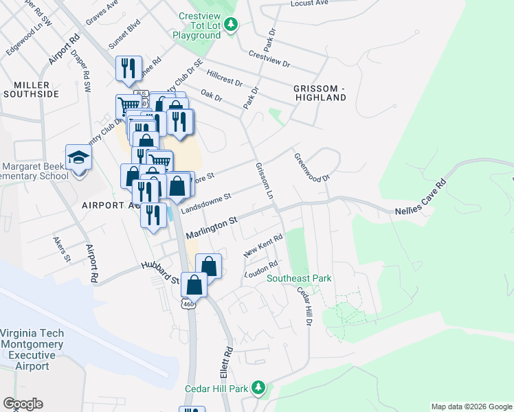 map of restaurants, bars, coffee shops, grocery stores, and more near 320 Landsdowne Street in Blacksburg