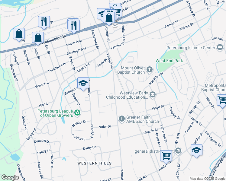 map of restaurants, bars, coffee shops, grocery stores, and more near 1501 Regency Court in Petersburg