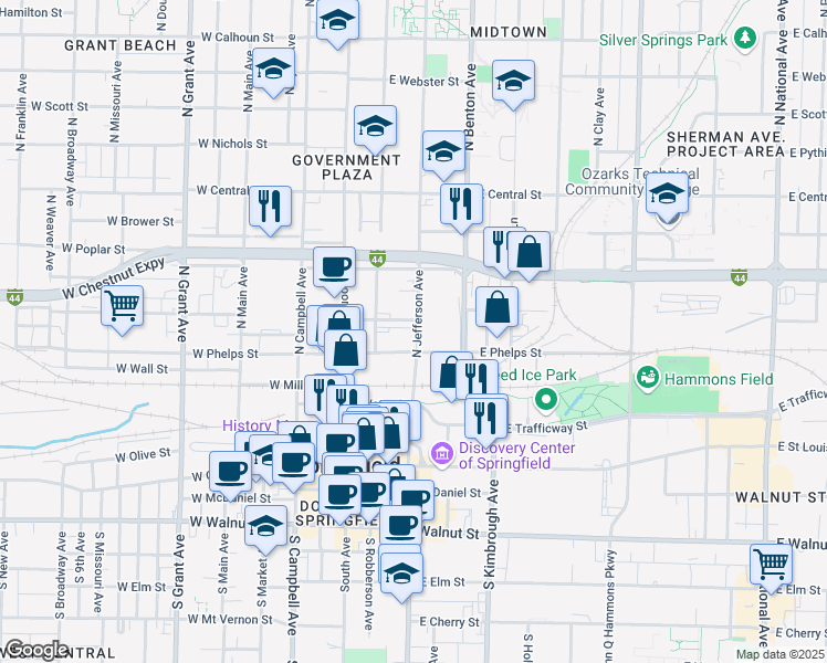map of restaurants, bars, coffee shops, grocery stores, and more near 607 North Jefferson Avenue in Springfield