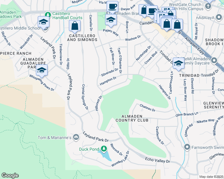 map of restaurants, bars, coffee shops, grocery stores, and more near 1256 Hillcrest Drive in San Jose