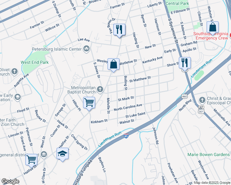 map of restaurants, bars, coffee shops, grocery stores, and more near 999 Melville Street in Petersburg