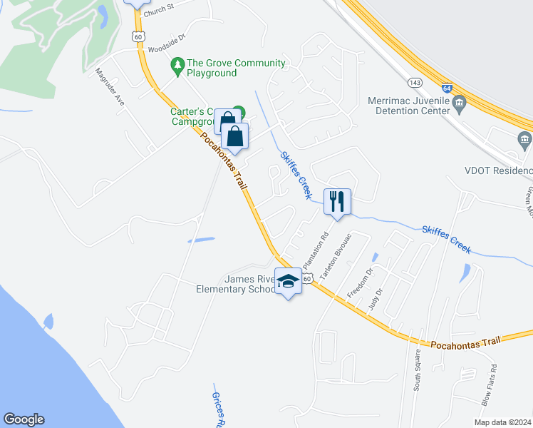 map of restaurants, bars, coffee shops, grocery stores, and more near 1905 Algonquin Trail in Williamsburg
