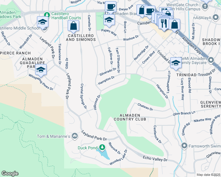 map of restaurants, bars, coffee shops, grocery stores, and more near 1256 Hillcrest Drive in San Jose