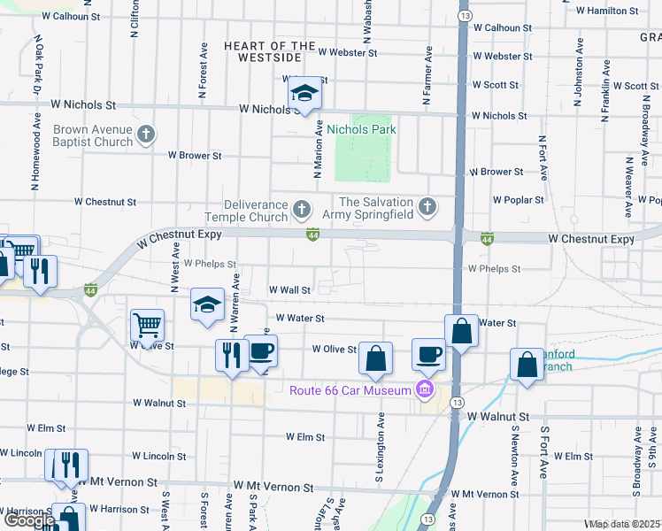 map of restaurants, bars, coffee shops, grocery stores, and more near 500 North La Fontaine Avenue in Springfield