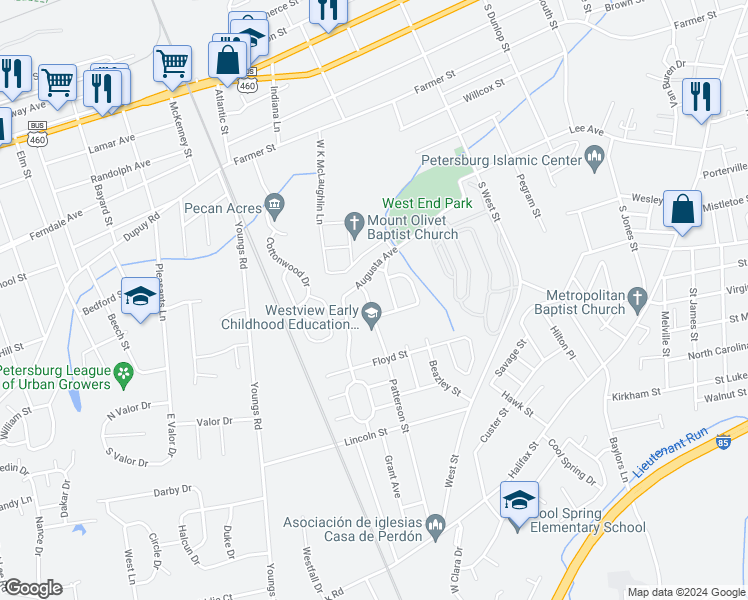 map of restaurants, bars, coffee shops, grocery stores, and more near 915 Patterson Street in Petersburg