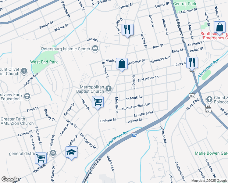 map of restaurants, bars, coffee shops, grocery stores, and more near 922 Halifax Street in Petersburg