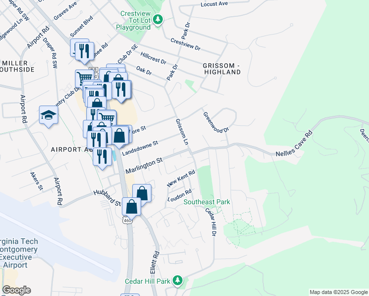 map of restaurants, bars, coffee shops, grocery stores, and more near 1600-1648 Grissom Lane in Blacksburg