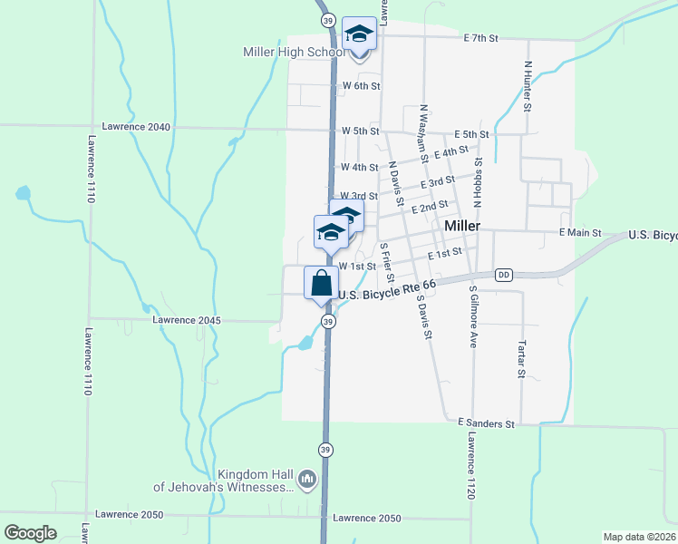 map of restaurants, bars, coffee shops, grocery stores, and more near 307 West 1st Street in Miller