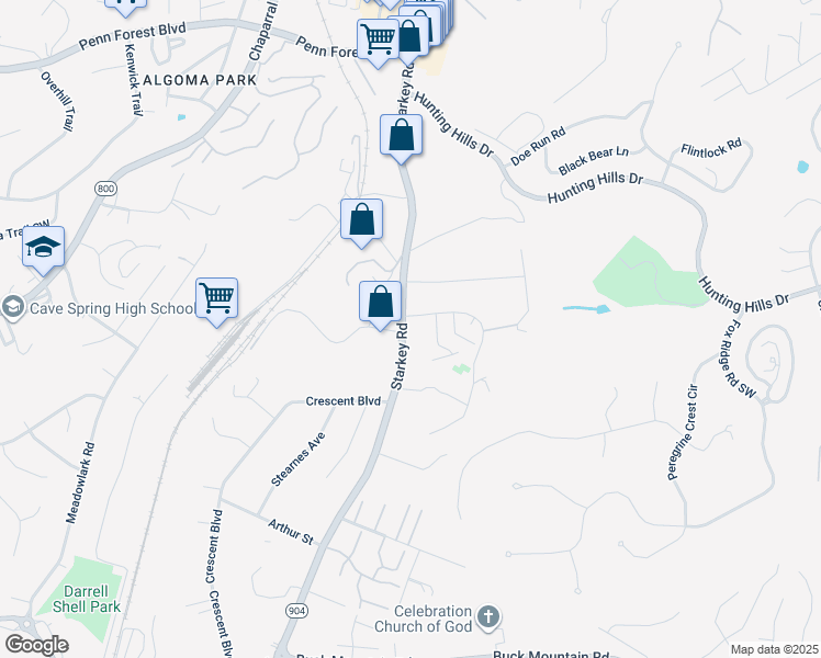map of restaurants, bars, coffee shops, grocery stores, and more near 5107 Overland Drive in Cave Spring