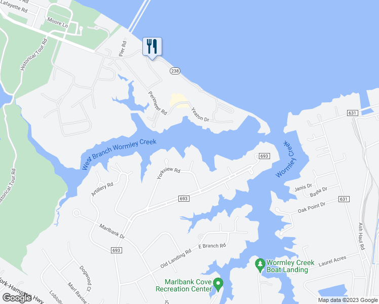 map of restaurants, bars, coffee shops, grocery stores, and more near 208 Yorkview Road in Yorktown