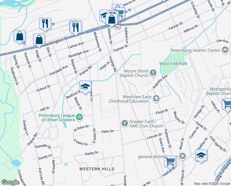 map of restaurants, bars, coffee shops, grocery stores, and more near 1501 Regency Court in Petersburg