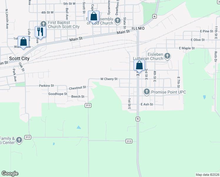 map of restaurants, bars, coffee shops, grocery stores, and more near 222 West Chestnut Street in Scott City