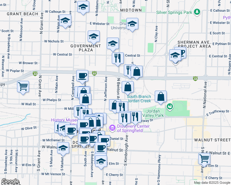 map of restaurants, bars, coffee shops, grocery stores, and more near 440 East Tampa Street in Springfield