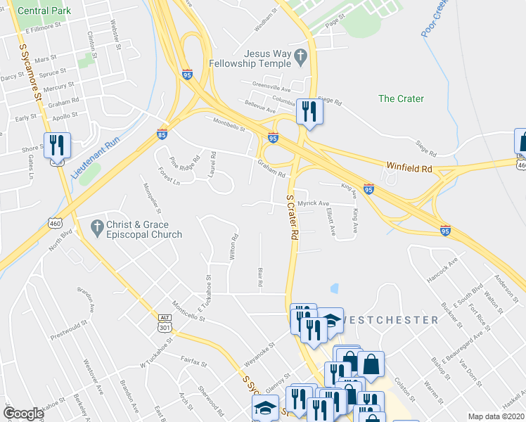 map of restaurants, bars, coffee shops, grocery stores, and more near 4 Wheelhouse Court in Petersburg