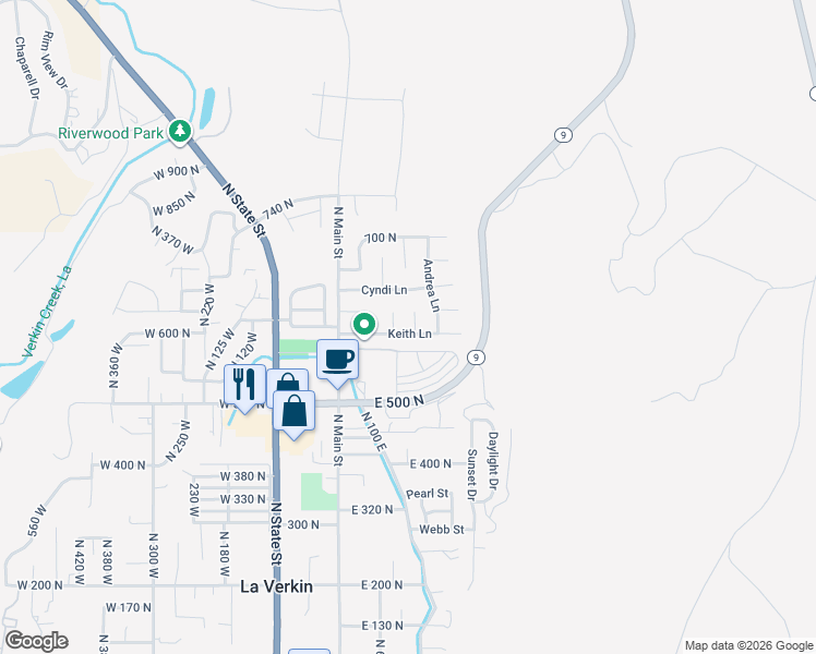 map of restaurants, bars, coffee shops, grocery stores, and more near 121 Keith Lane in La Verkin