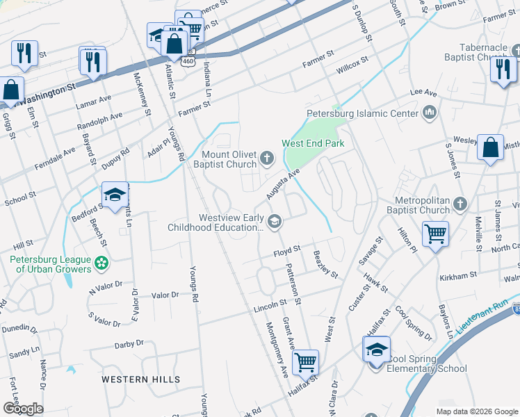 map of restaurants, bars, coffee shops, grocery stores, and more near 908 Patterson Street in Petersburg