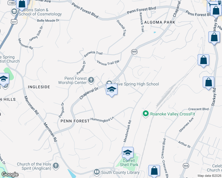 map of restaurants, bars, coffee shops, grocery stores, and more near 3712 Chaparral Drive in Roanoke