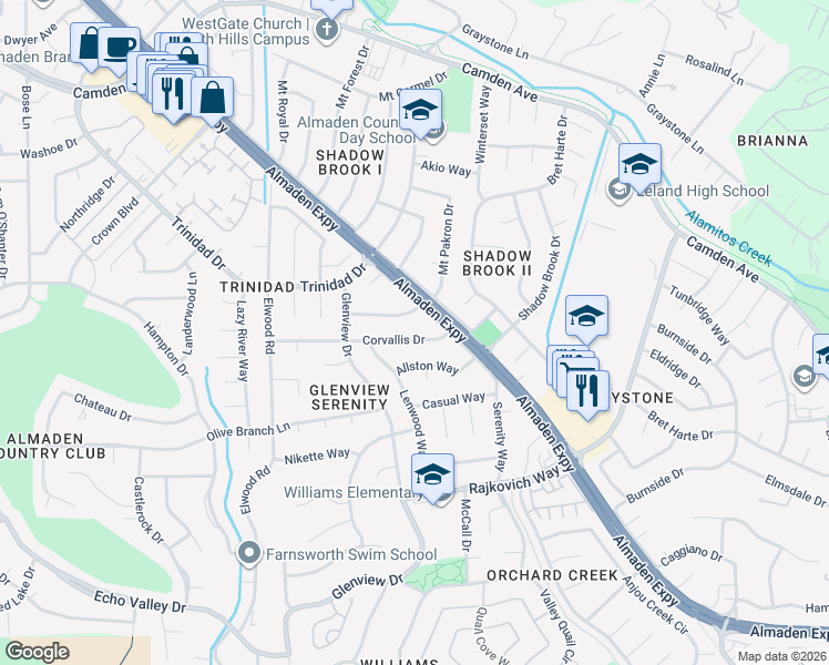 map of restaurants, bars, coffee shops, grocery stores, and more near 1111 Corvallis Drive in San Jose