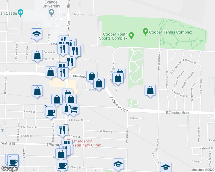 map of restaurants, bars, coffee shops, grocery stores, and more near 2106 East Rockhurst Street in Springfield