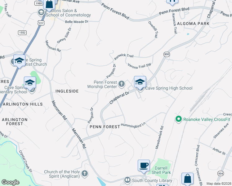 map of restaurants, bars, coffee shops, grocery stores, and more near 3903 Skylark Cir in Roanoke