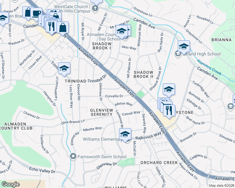 map of restaurants, bars, coffee shops, grocery stores, and more near 1113 Corvallis Drive in San Jose