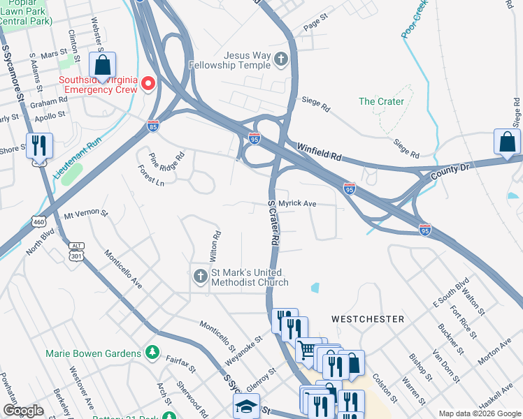 map of restaurants, bars, coffee shops, grocery stores, and more near 644 Toll Gate Lane in Petersburg