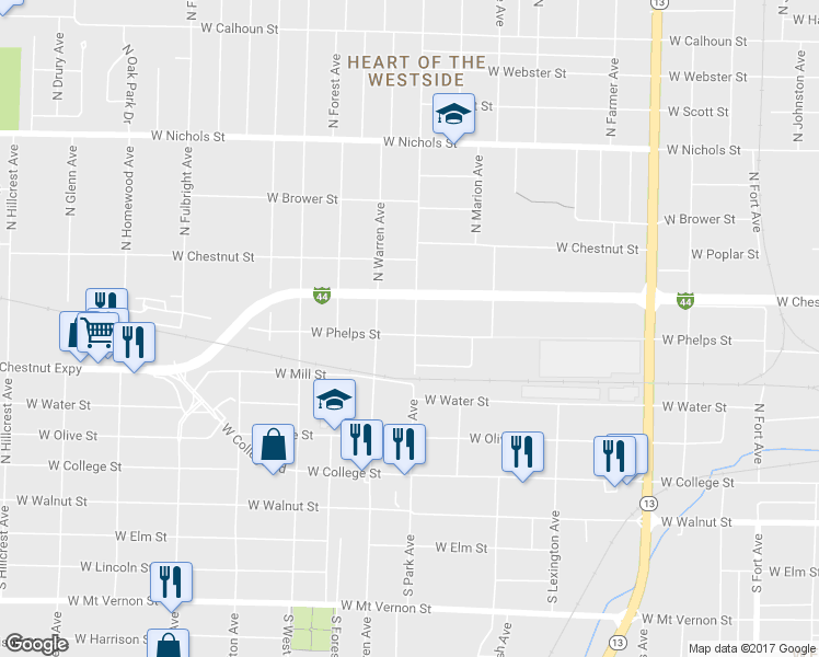 map of restaurants, bars, coffee shops, grocery stores, and more near 2201 West Phelps Street in Springfield