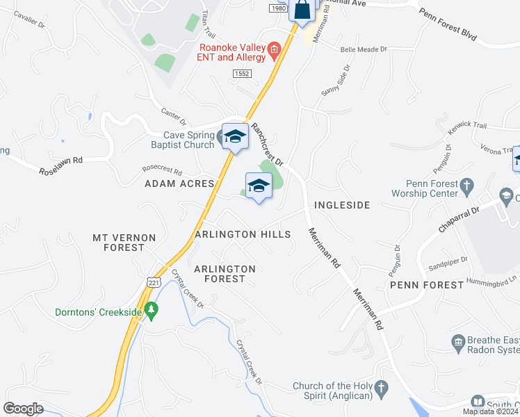 map of restaurants, bars, coffee shops, grocery stores, and more near 5404 Springlawn Avenue in Cave Spring