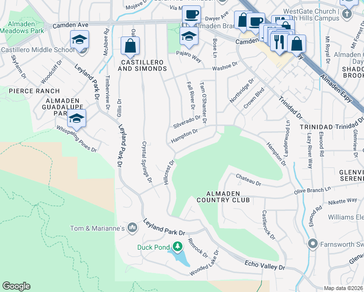map of restaurants, bars, coffee shops, grocery stores, and more near 1259 Hillcrest Drive in San Jose