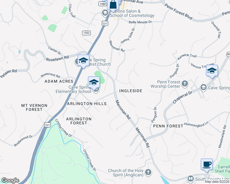 map of restaurants, bars, coffee shops, grocery stores, and more near 5537 Ingleside Drive in Cave Spring