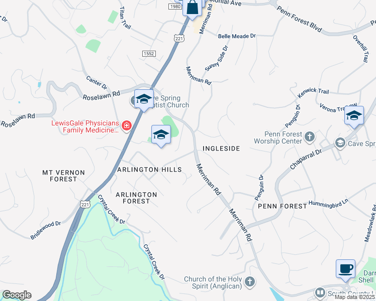 map of restaurants, bars, coffee shops, grocery stores, and more near 5711 Knowles Drive in Cave Spring