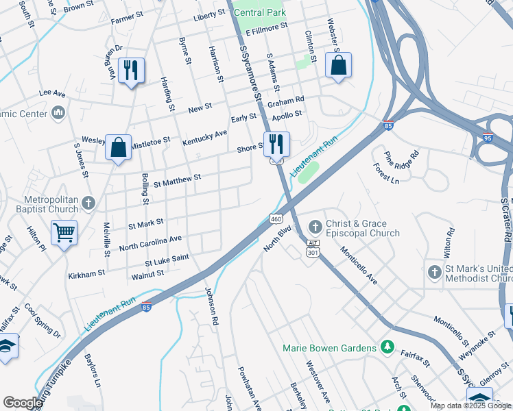 map of restaurants, bars, coffee shops, grocery stores, and more near 52 Saint Mark Street in Petersburg