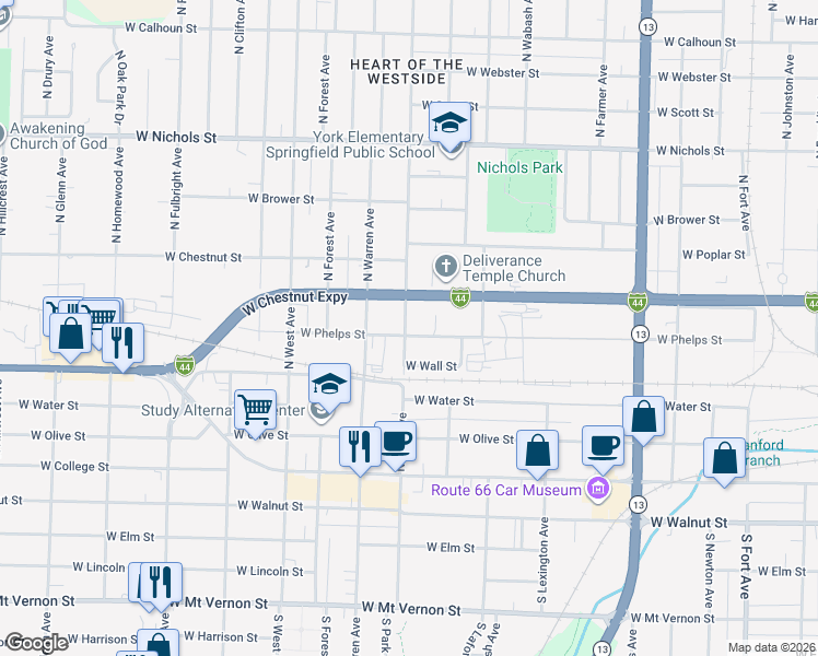 map of restaurants, bars, coffee shops, grocery stores, and more near 2151 West Phelps Street in Springfield