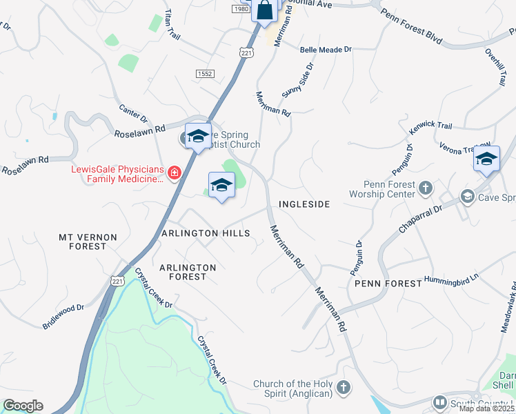 map of restaurants, bars, coffee shops, grocery stores, and more near 5711 Knowles Drive in Cave Spring