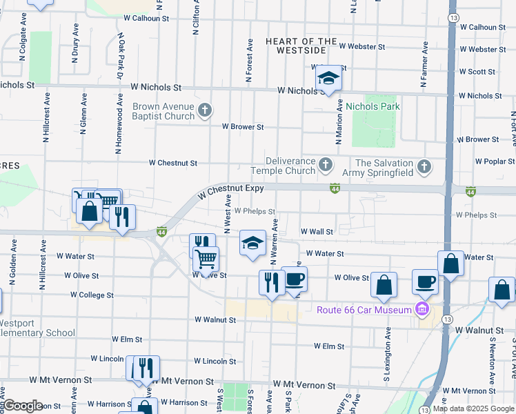 map of restaurants, bars, coffee shops, grocery stores, and more near 510 North Forest Avenue in Springfield