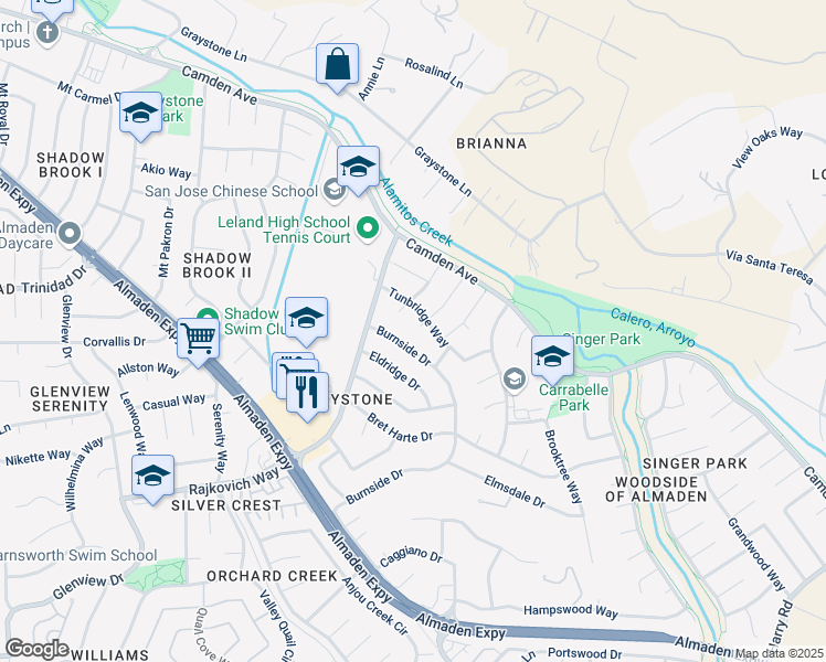 map of restaurants, bars, coffee shops, grocery stores, and more near 6824 Burnside Drive in San Jose