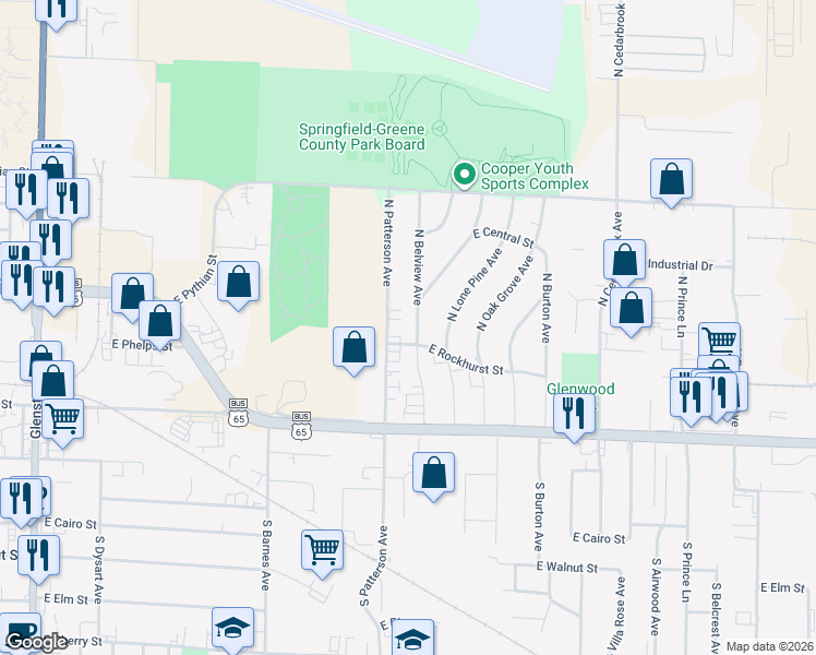 map of restaurants, bars, coffee shops, grocery stores, and more near 612 North Patterson Avenue in Springfield