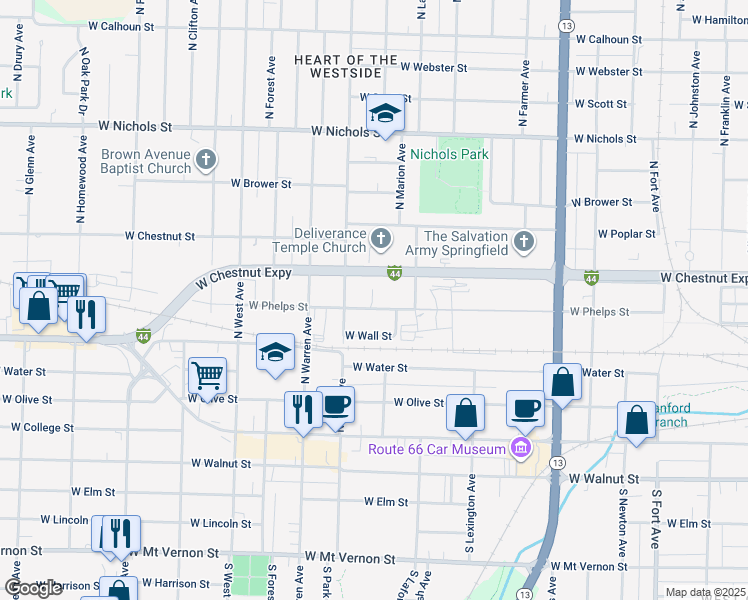 map of restaurants, bars, coffee shops, grocery stores, and more near 2113 West Phelps Street in Springfield