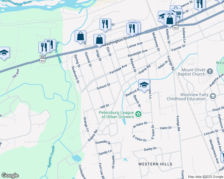 map of restaurants, bars, coffee shops, grocery stores, and more near 317 Grigg Street in Petersburg