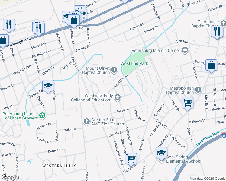 map of restaurants, bars, coffee shops, grocery stores, and more near 908 Patterson Street in Petersburg