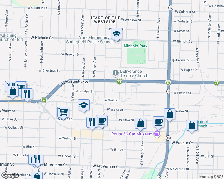 map of restaurants, bars, coffee shops, grocery stores, and more near 2131 West Phelps Street in Springfield