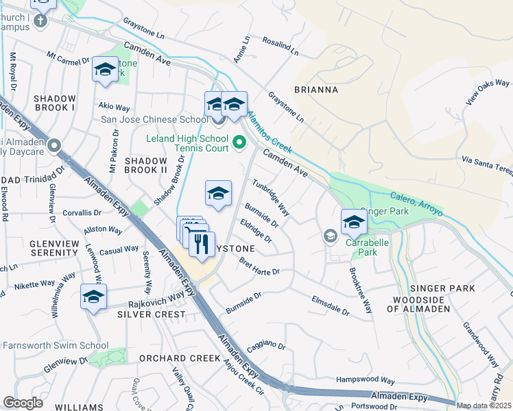 map of restaurants, bars, coffee shops, grocery stores, and more near 6824 Burnside Drive in San Jose