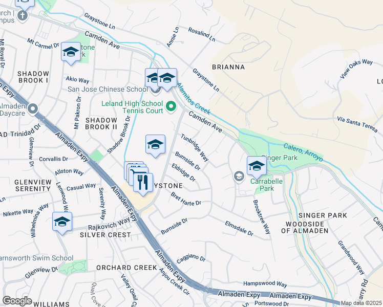 map of restaurants, bars, coffee shops, grocery stores, and more near 6824 Burnside Drive in San Jose