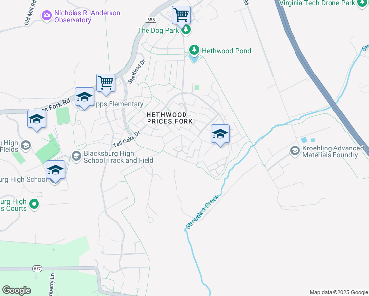 map of restaurants, bars, coffee shops, grocery stores, and more near 8100 Hunters Mill Road in Blacksburg