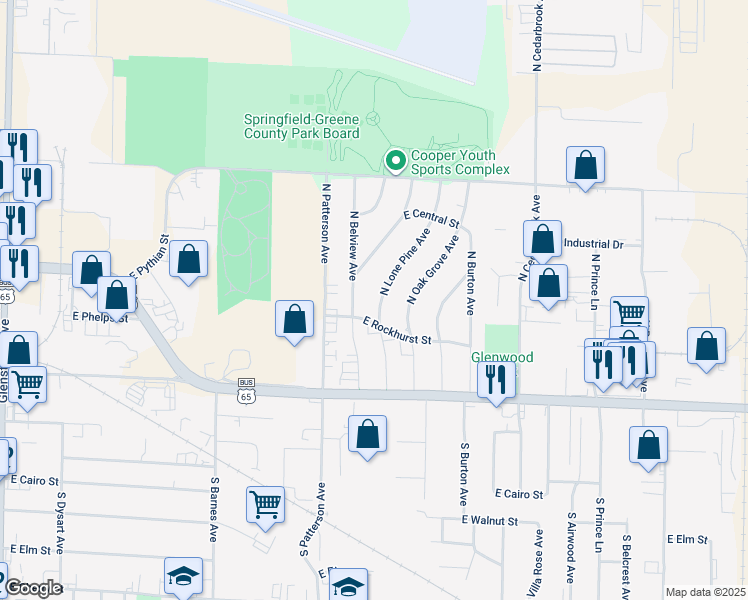 map of restaurants, bars, coffee shops, grocery stores, and more near 629 North Lone Pine Avenue in Springfield