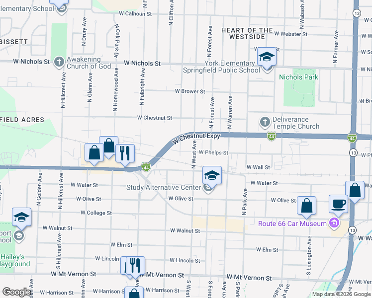 map of restaurants, bars, coffee shops, grocery stores, and more near 501 North Brown Avenue in Springfield